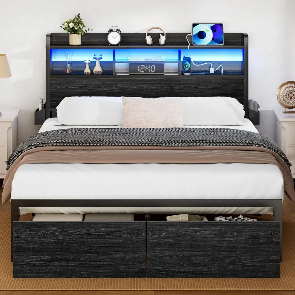 Bed Frame With Wood Headboard And Metal Platform With Drawers