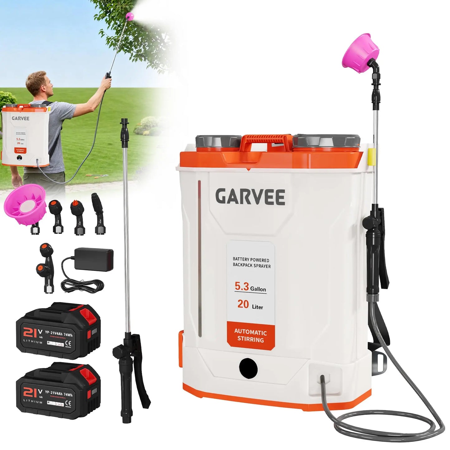 Battery Powered Backpack Sprayer 3.2/5.3 Gallon 21V 4Ah Electric Weed Sprayer 90 PSI Agitation System 5 Nozzles