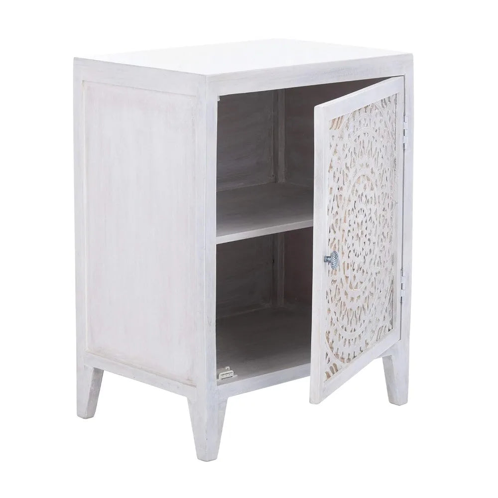 Carved Mandala Door Storage Nightstand Thea Wash Boho Bedroom Table