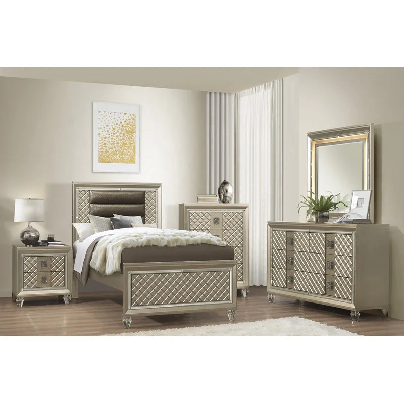 Luxury 4-Drawer Chest with Beveled Mirror Trim and Acrylic Feet, Champagne Finish