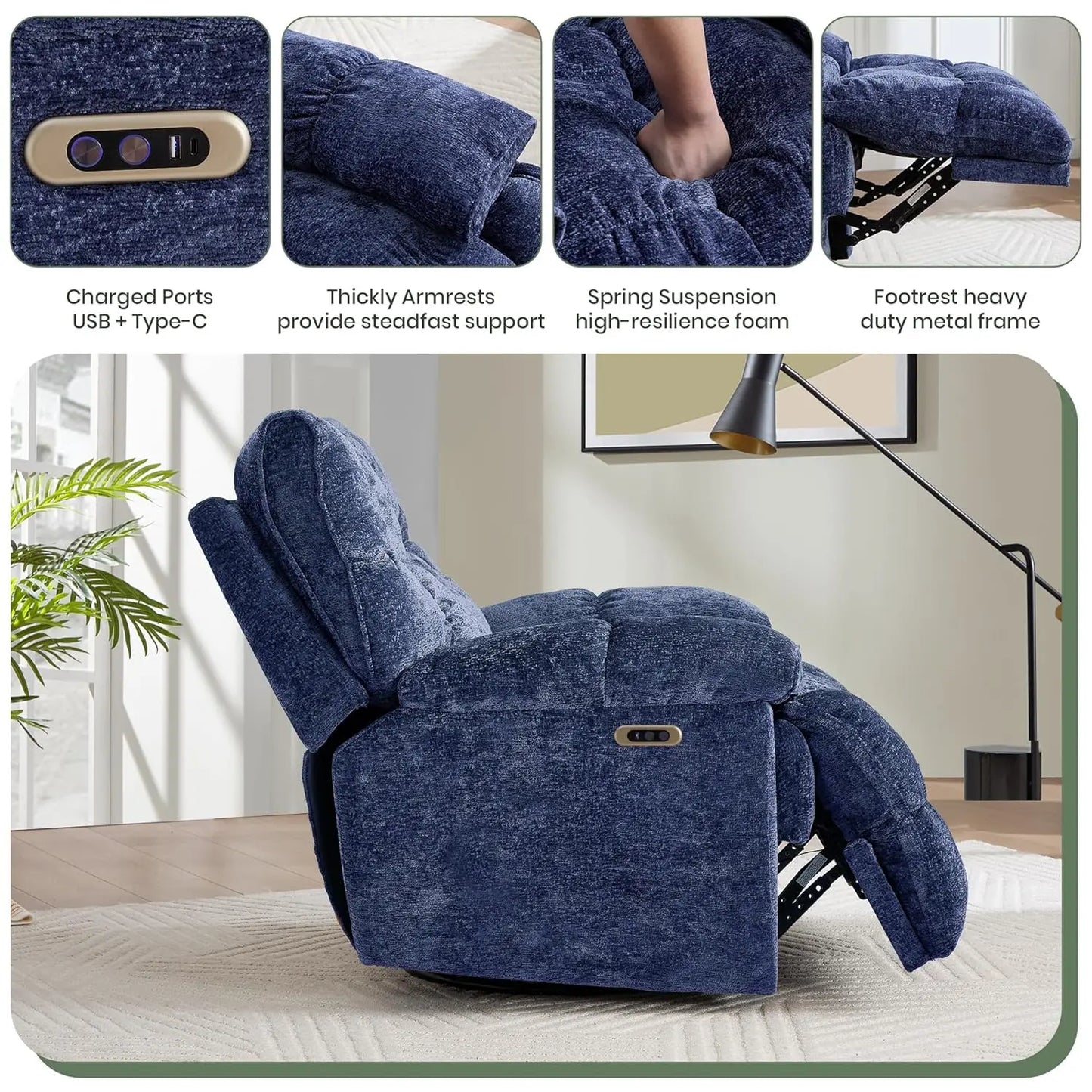 Oversized Power Swivel Rocker Recliner Chair Extra Wide Chenille Fabric