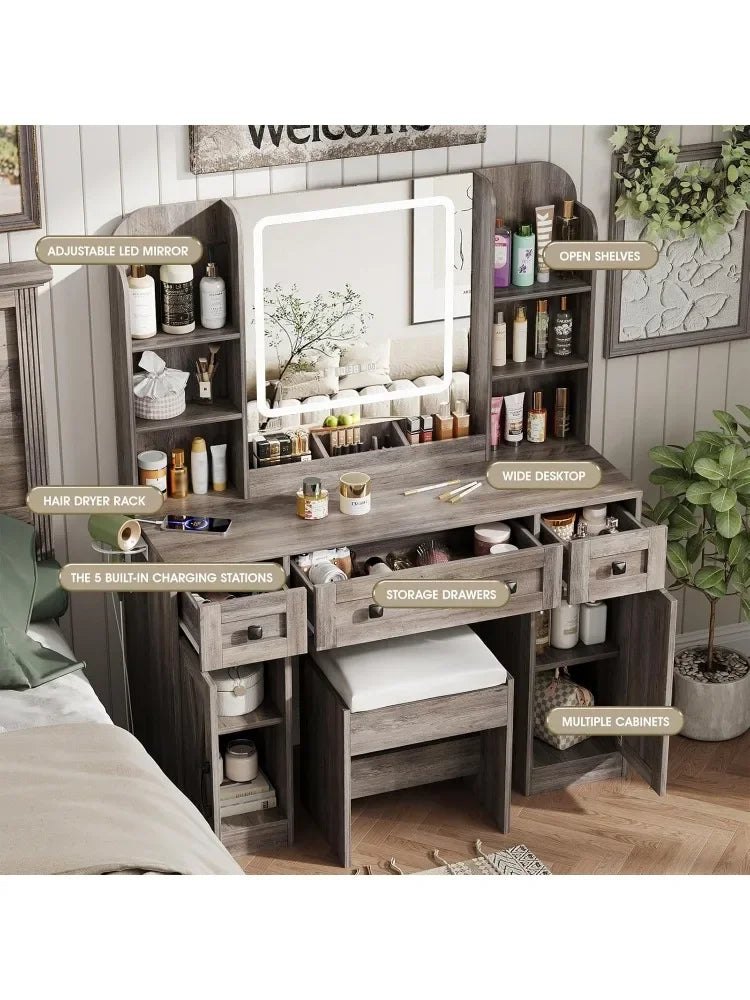 Makeup Vanity Desk With Mirror Lights And Chair Storage Drawers