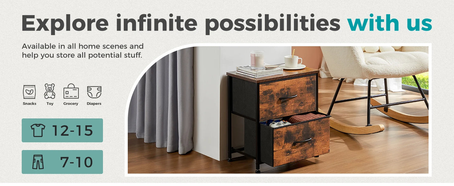 JHK Nightstand Bedside Table With Fabric Drawers For Bedroom Furniture