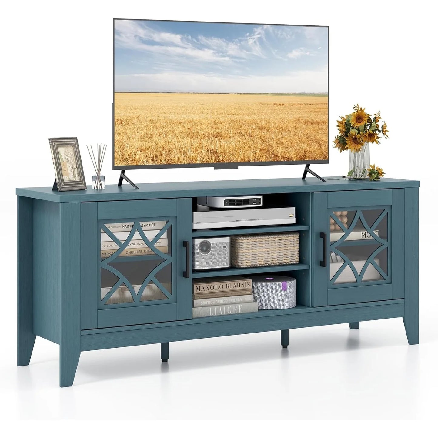 Farmhouse TV Stand With Glass Doors And Adjustable Shelves