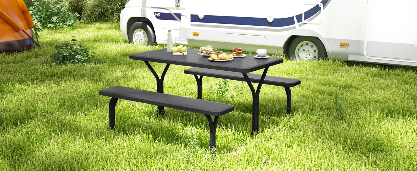 Picnic Table, Resin Dining Table & 2 Benches Set, Weather Resistant Wood Grain Tabletop & Steel Frame, Plastic Picnic Tables