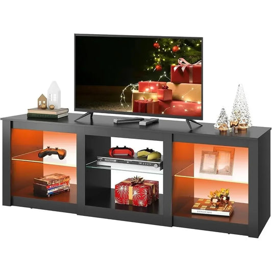 65-70 Inch LED TV Stand with Adjustable Glass Shelves, RGB Lights, and Wood Media Table for Living Room, Bedroom, or Gaming Room