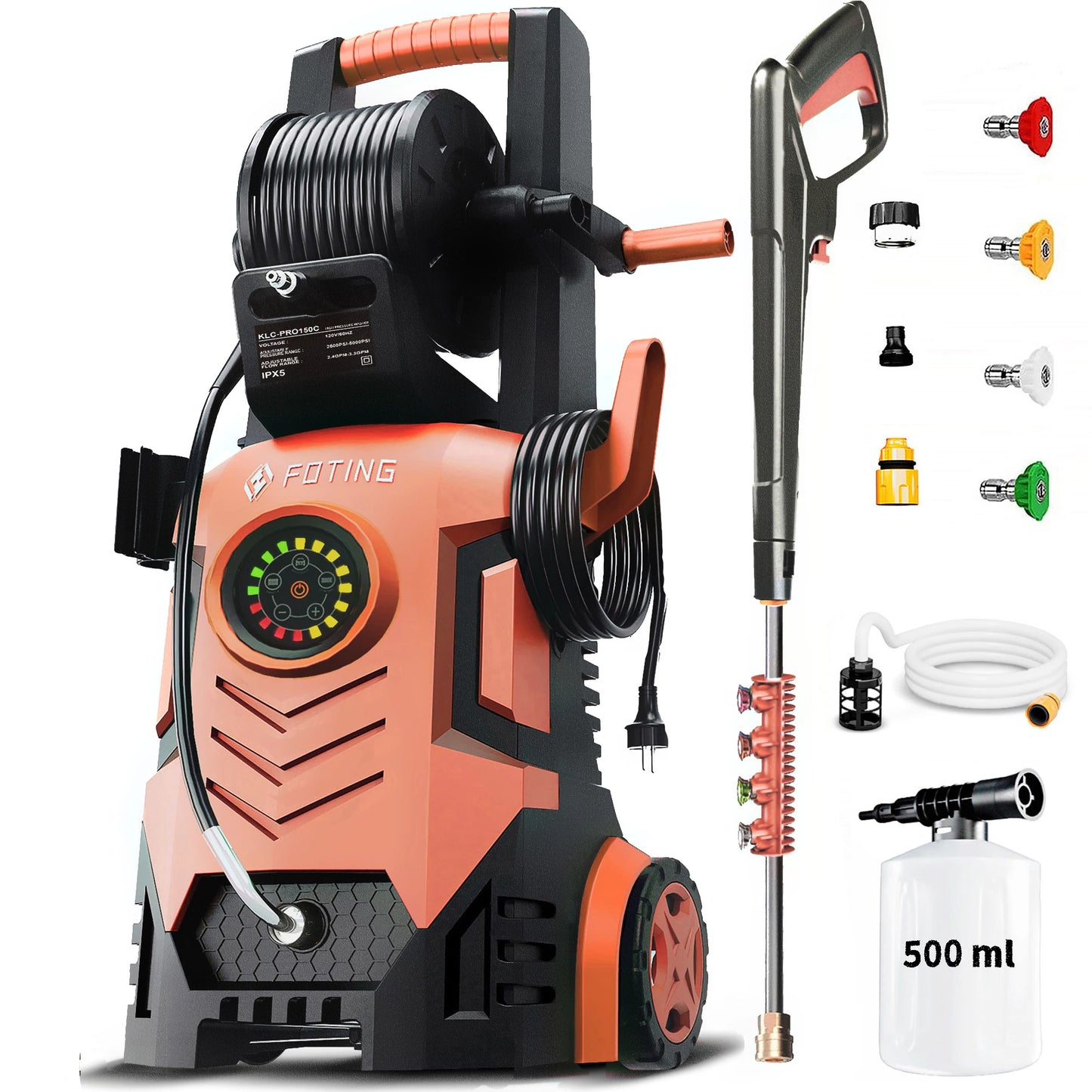 FOTING 5000PSI 2.8-3.6GPM Pressure Washer 8-Level Touch Screen 34" Tall 4 Nozzles 500ml Foam Cannon for Cars Fences Driveways