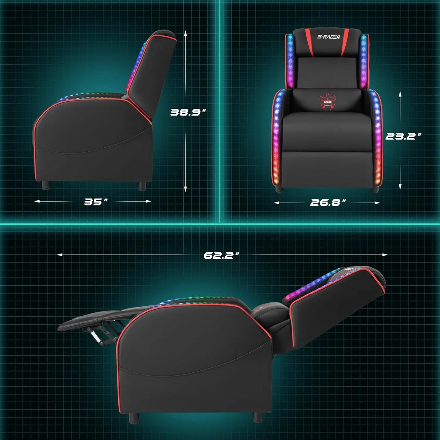 LED Massage Recliner Chair Racing Style Ergonomic Home Theater Seating