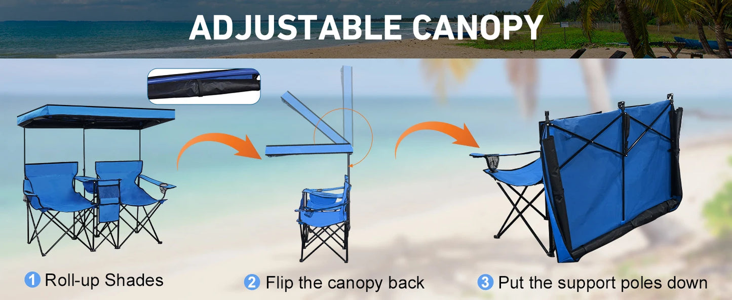 Double Beach Chair With Canopy Shade Folding Cup Holder Loveseat