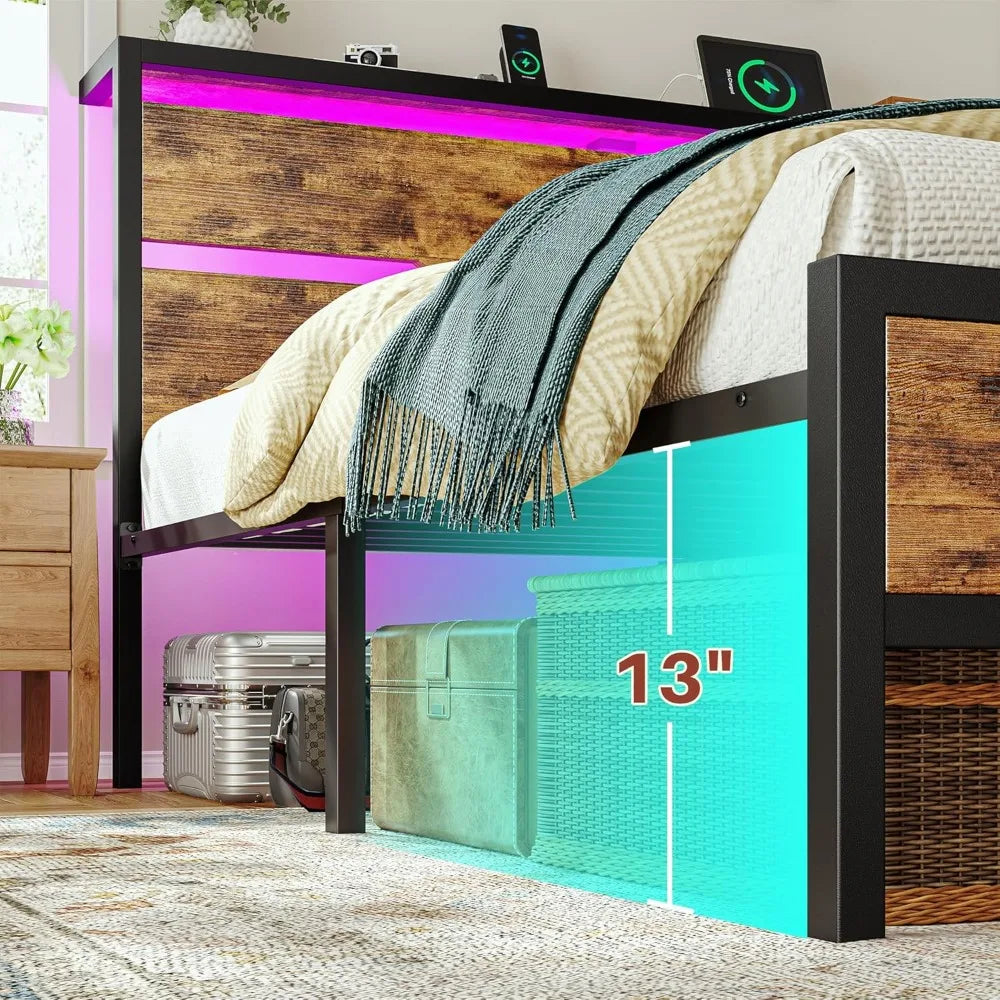 Bed Frame With Headboard, Storage, Led Lights And Charging Station