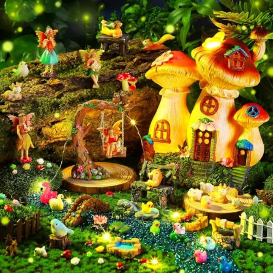 100 Pcs Fairy House Garden Kit Accessories Miniatures Fairy Figures Gnomes Mushroom House Solar Light Resin Dwarfs Statue Micro
