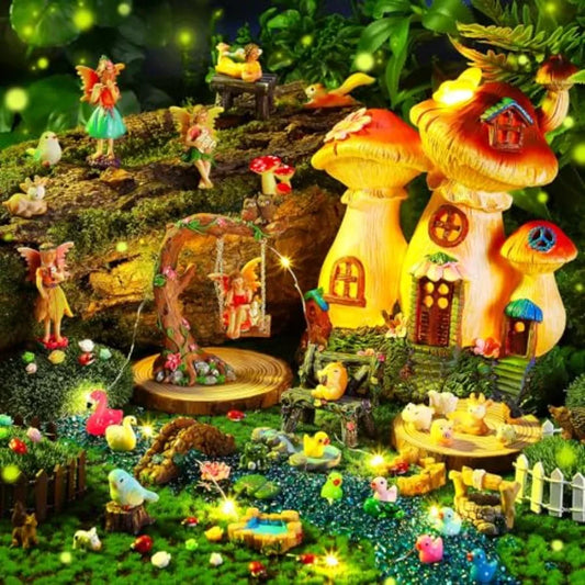 100 Pcs Fairy House Garden Kit Accessories Miniatures Fairy Figures Gnomes Mushroom House Solar Light Resin Dwarfs Statue Micro