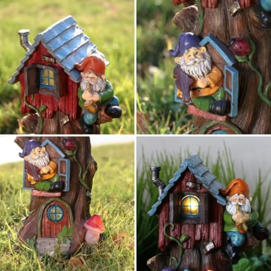 11" Tall Large Garden Statues Gnome Treehouse with Solar Outdoor Light, Dad Gifts for Men, Resin Garden Decor Lawn Ornaments fo