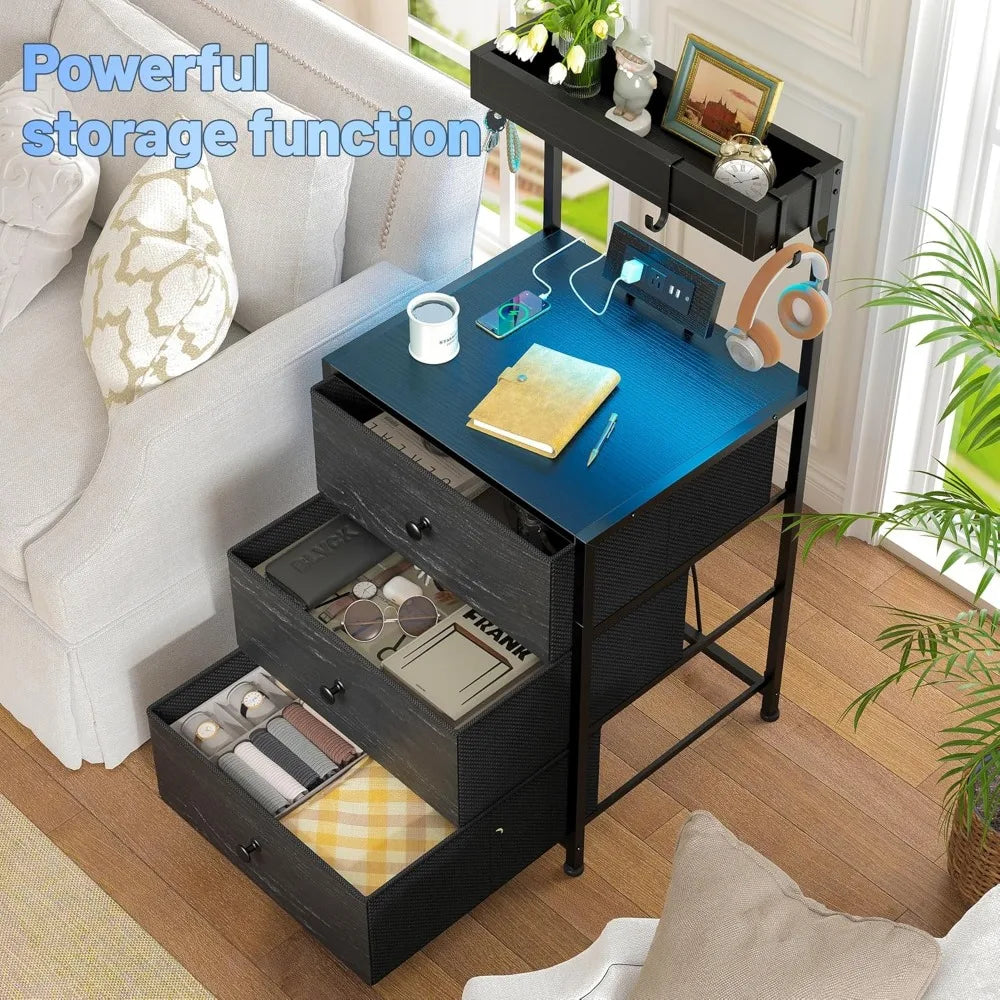 Tall Nightstand Set Of 2 With Charging Station And 3 Drawers