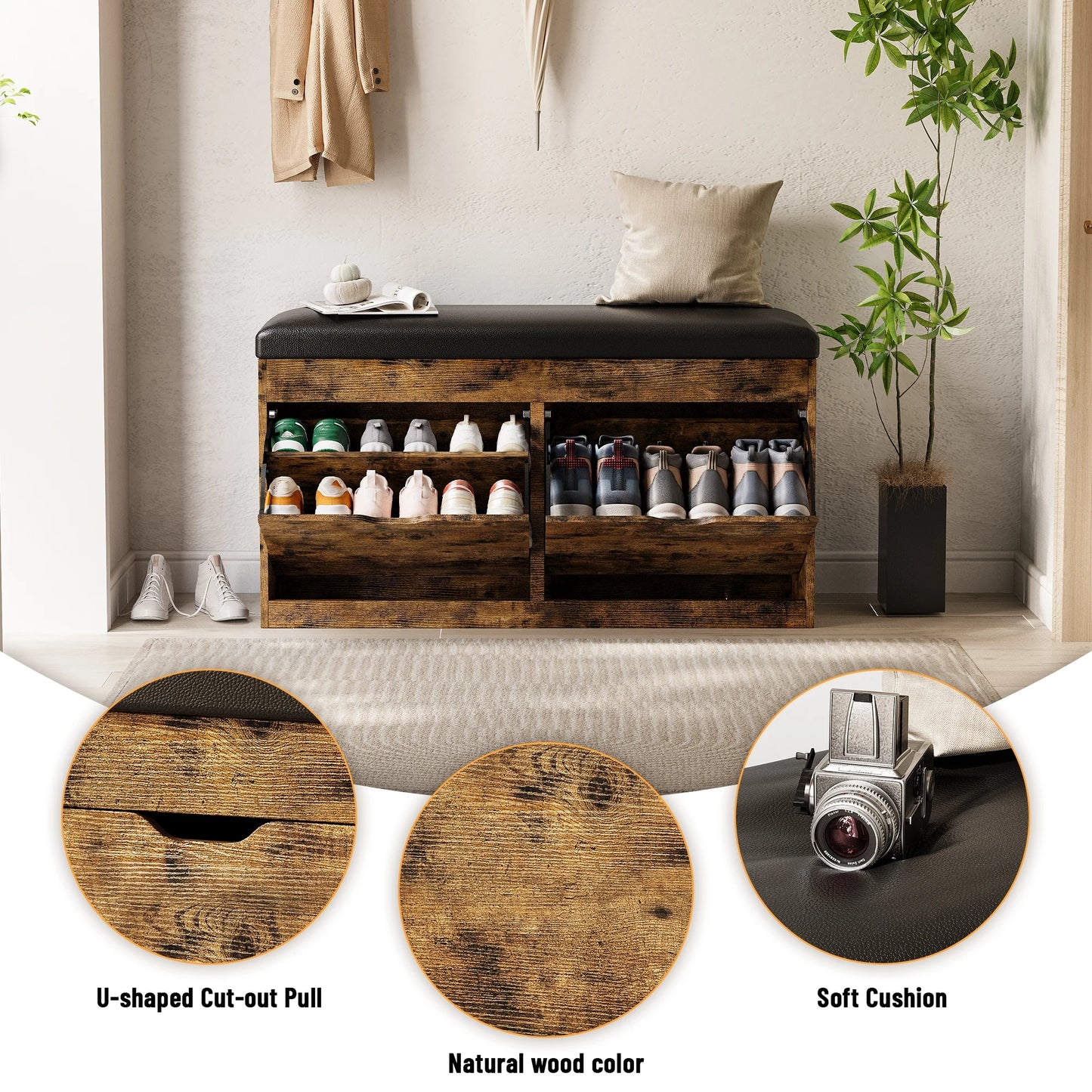 Shoe Storage Bench With Lift Top And 2 Flip Drawers