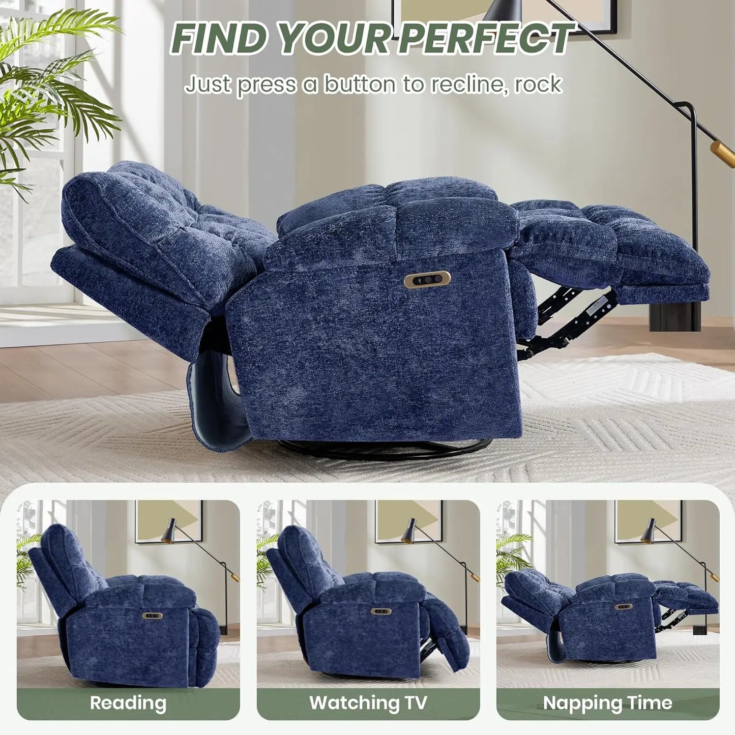 Oversized Power Swivel Rocker Recliner Chair Extra Wide Chenille Fabric