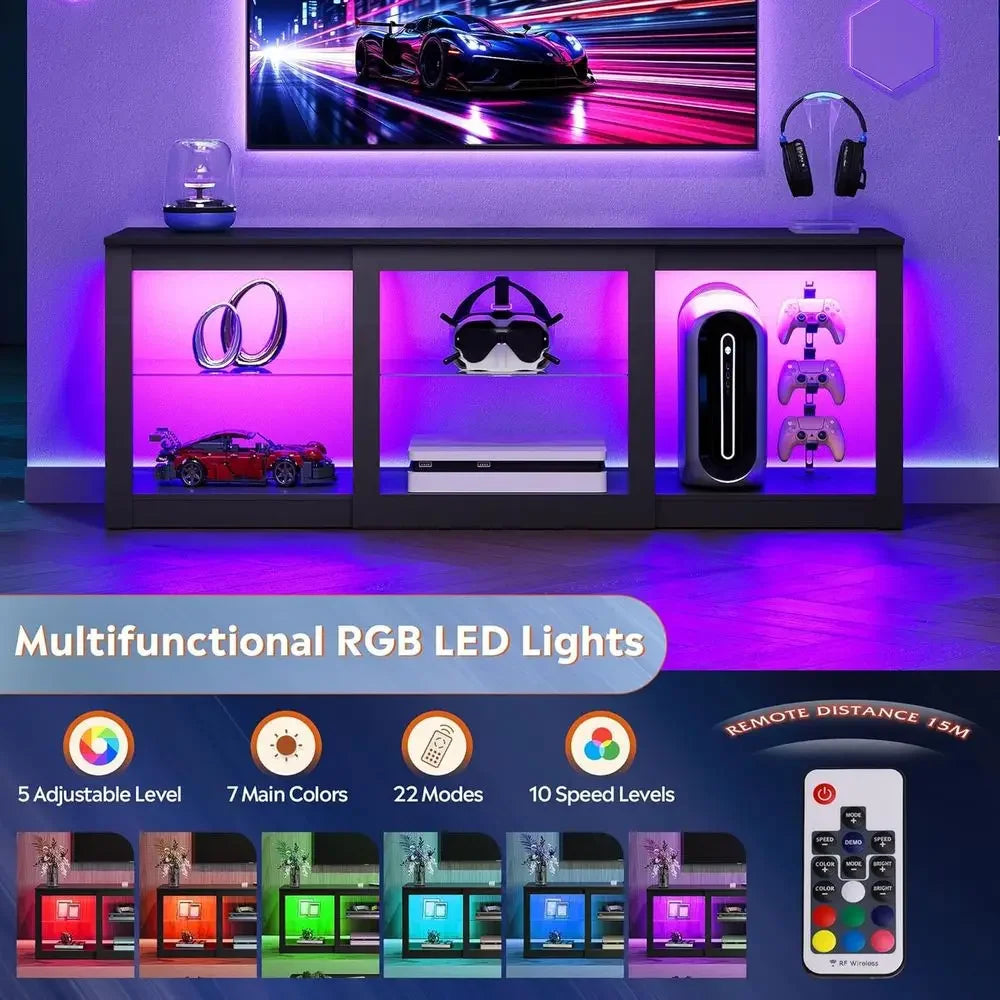 65-70 Inch LED TV Stand with Adjustable Glass Shelves, RGB Lights, and Wood Media Table for Living Room, Bedroom, or Gaming Room