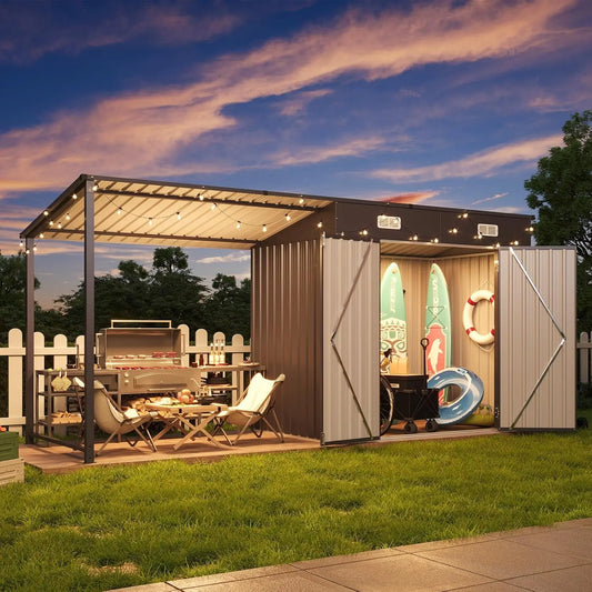 6x4FT Outdoor Storage Shed& Hardtop Gazebo Combo,12x4FTMetal Lean To Shed with Open-Sided Pergola,2-in-1Durable Garden Tool Shed
