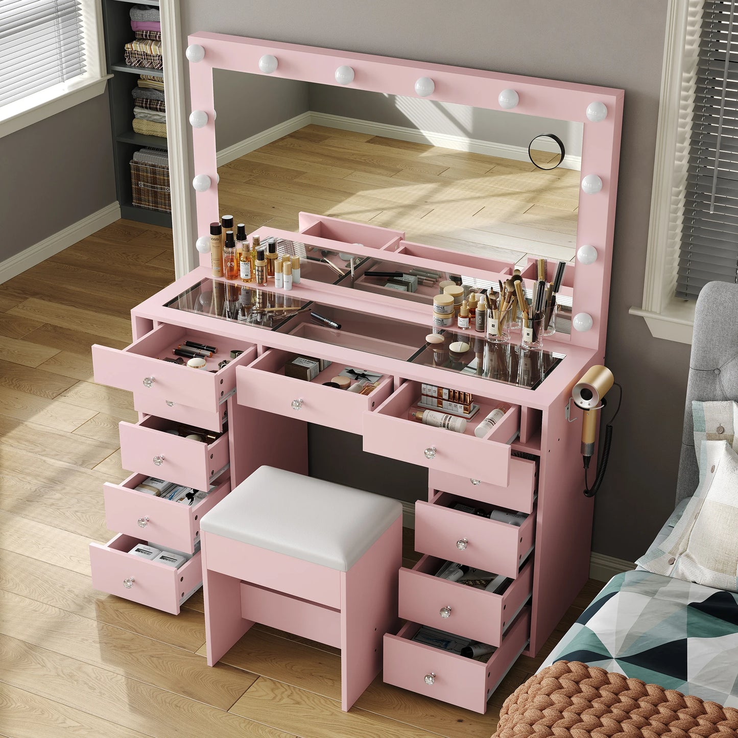 Bedroom Makeup Vanity Desk with Led Mirror, 11 Drawers
