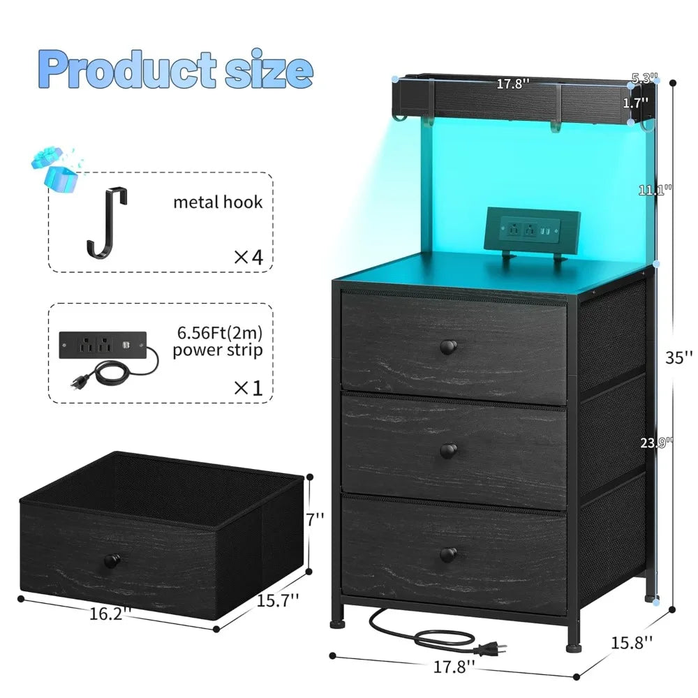 Tall Nightstand Set of 2 With Charging Station LED Drawers