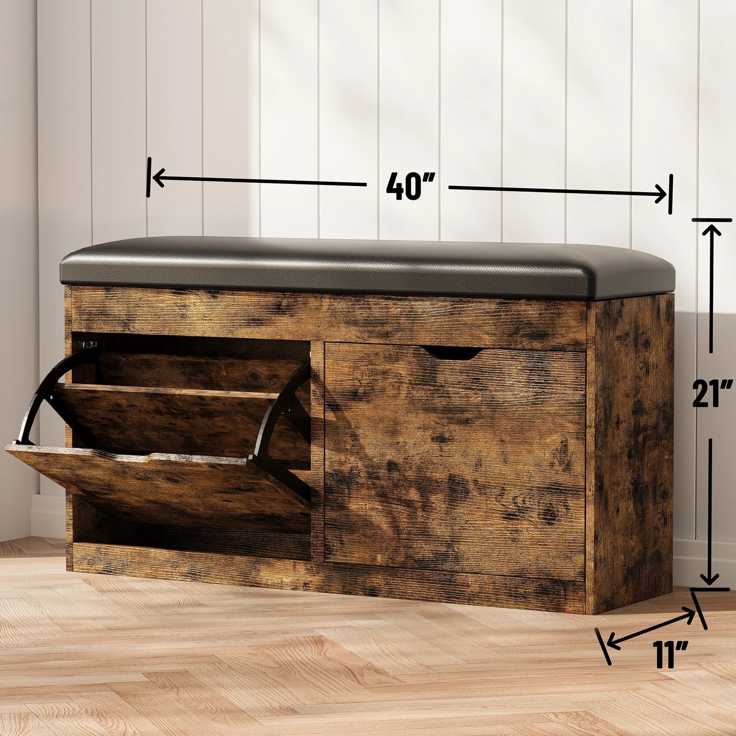 Shoe Storage Bench With Lift Top And 2 Flip Drawers