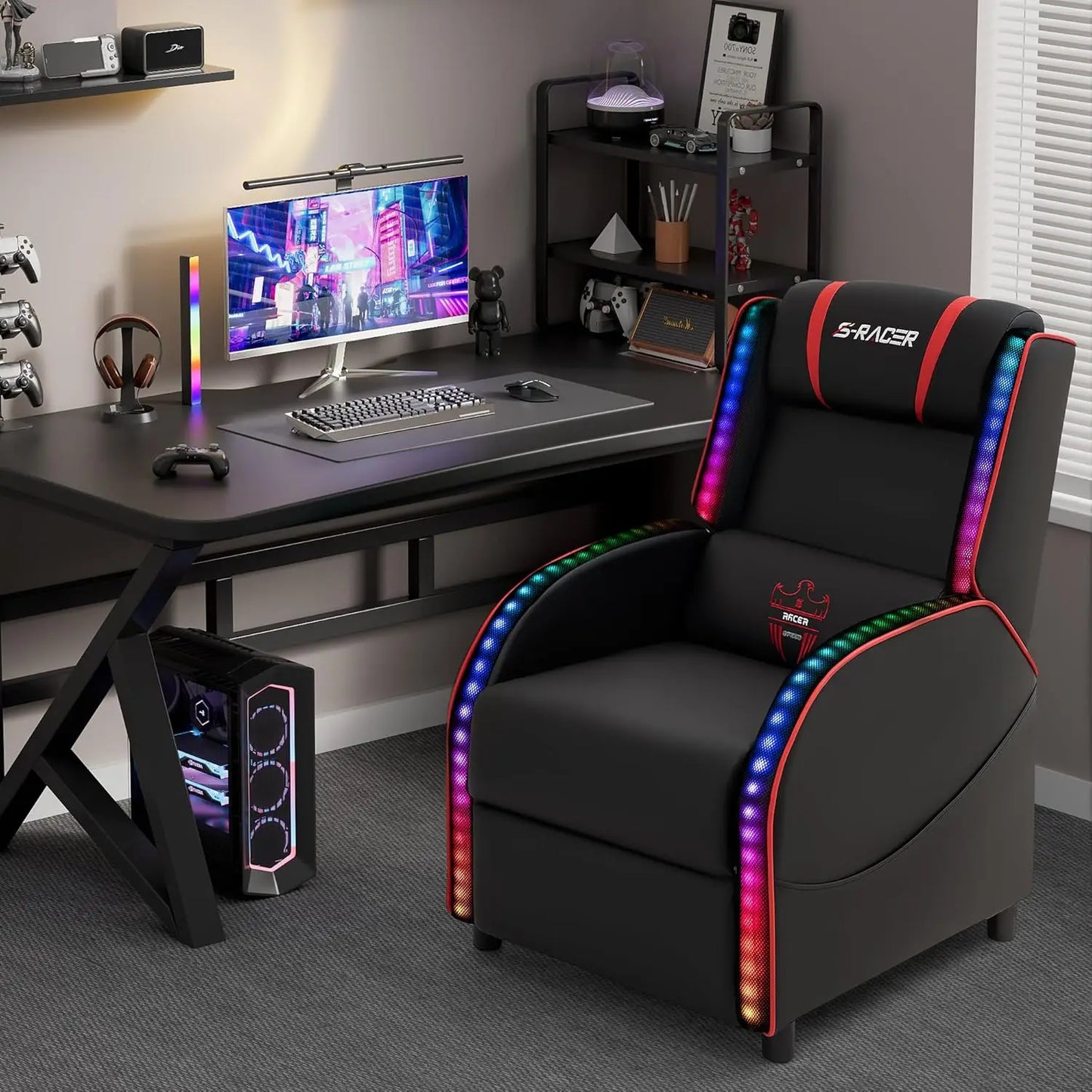 LED Massage Recliner Chair Racing Style Ergonomic Home Theater Seating