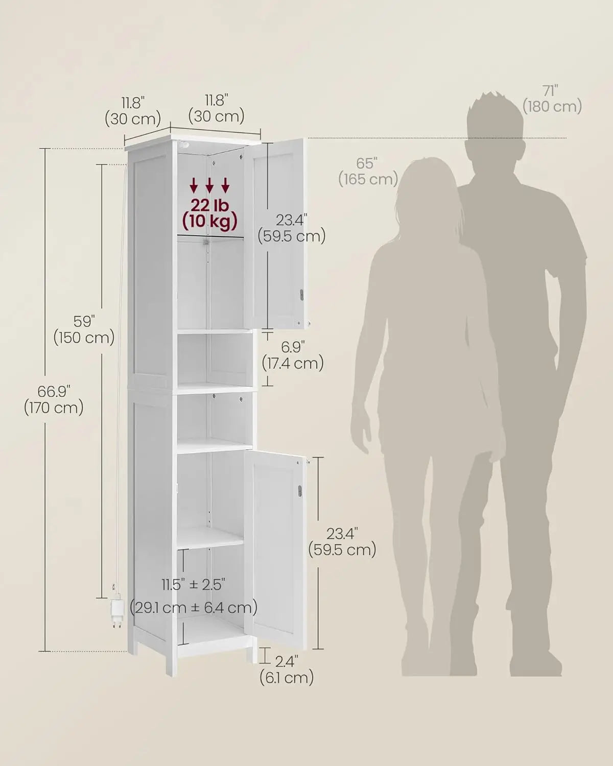Tall Storage Cabinet with Lights, Slim Freestanding Cabinet with Adjustable Shelves, for Small Spaces, Bathroom, Living Room, Mo