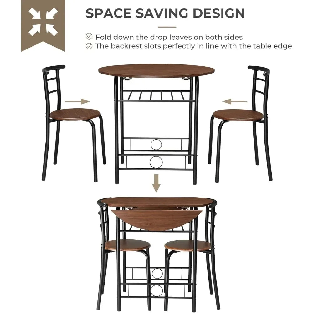 NONED Drop Leaf Round Folding Dining Table Set 3 Pieces For Small Spaces