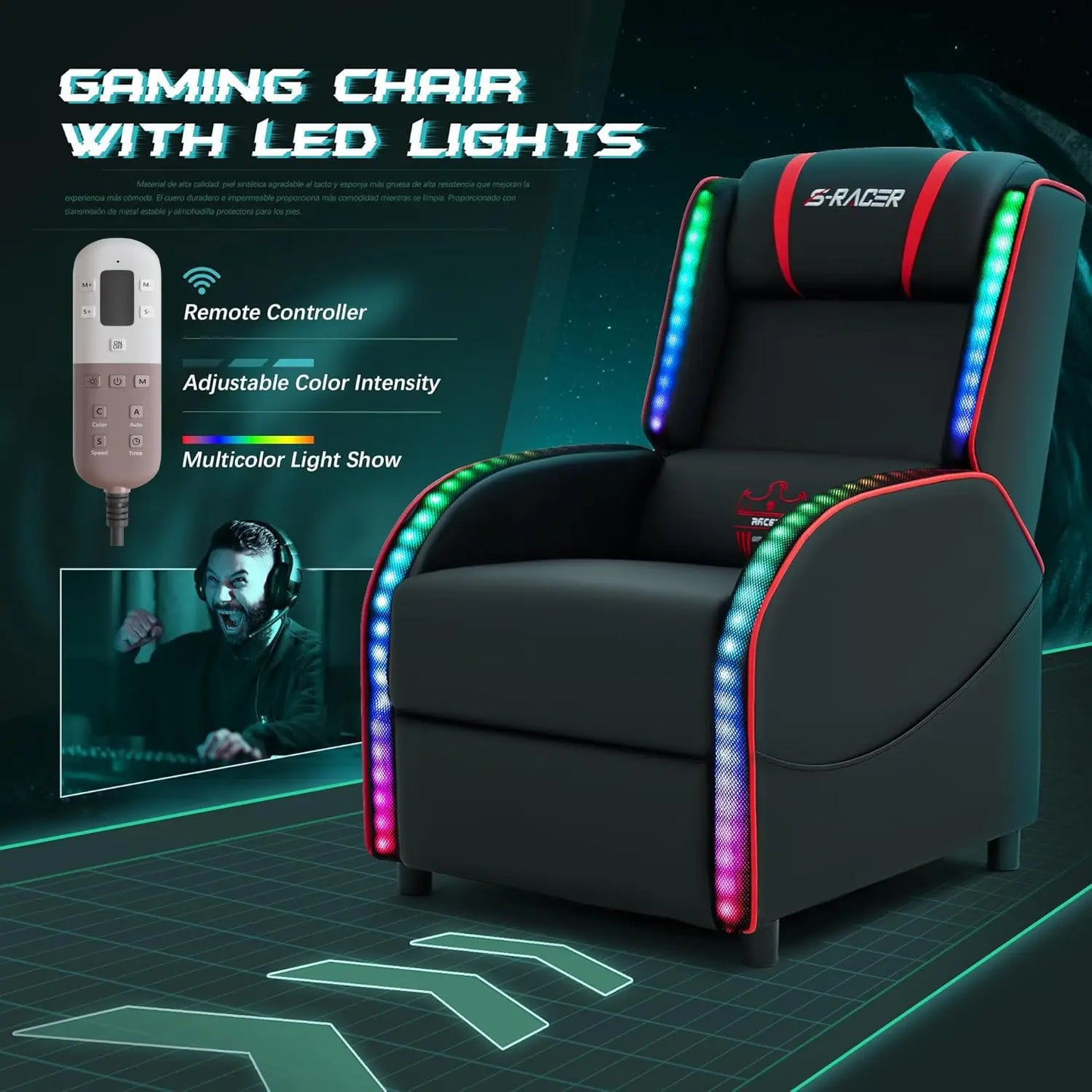 LED Massage Recliner Chair Racing Style Ergonomic Home Theater Seating