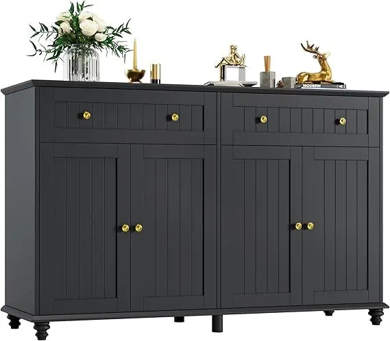 Buffet Cabinet with Storage, 55.1” Large Sideboard Buffet, Black Kitchen Cabinet with 2 Drawers and 4 Doors