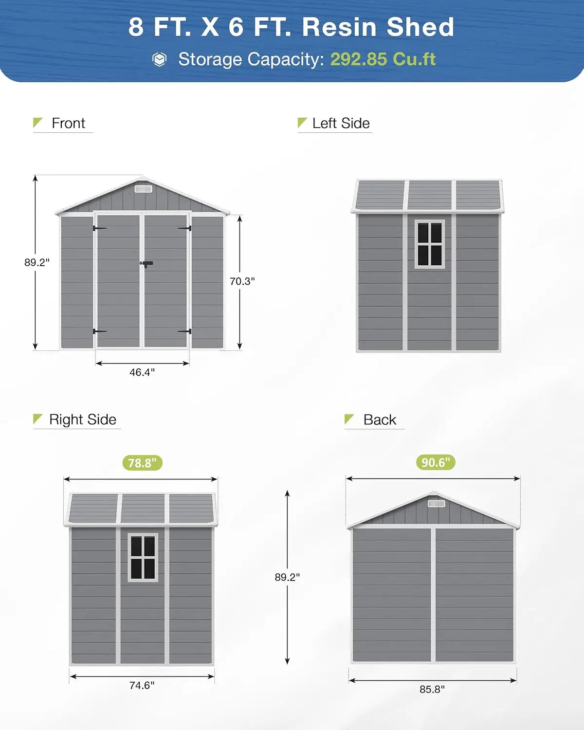 8x6 FT Storage Shed, Resin Outdoor Shed with Floor Included, Plastic Sheds Outdoor Storage for Bike, Garden Tools, Sheds