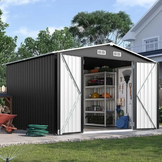10x8ft Outdoor Metal Storage Shed with Lockable Doors, Weather-Resistant for Garden, Patio, Poolside Use