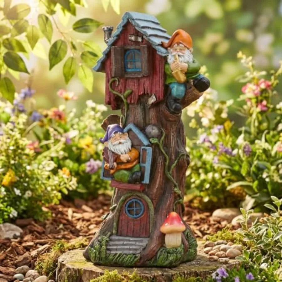 11" Tall Large Garden Statues Gnome Treehouse with Solar Outdoor Light, Dad Gifts for Men, Resin Garden Decor Lawn Ornaments fo