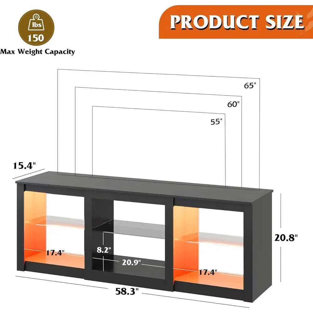 65-70 Inch LED TV Stand with Adjustable Glass Shelves, RGB Lights, and Wood Media Table for Living Room, Bedroom, or Gaming Room