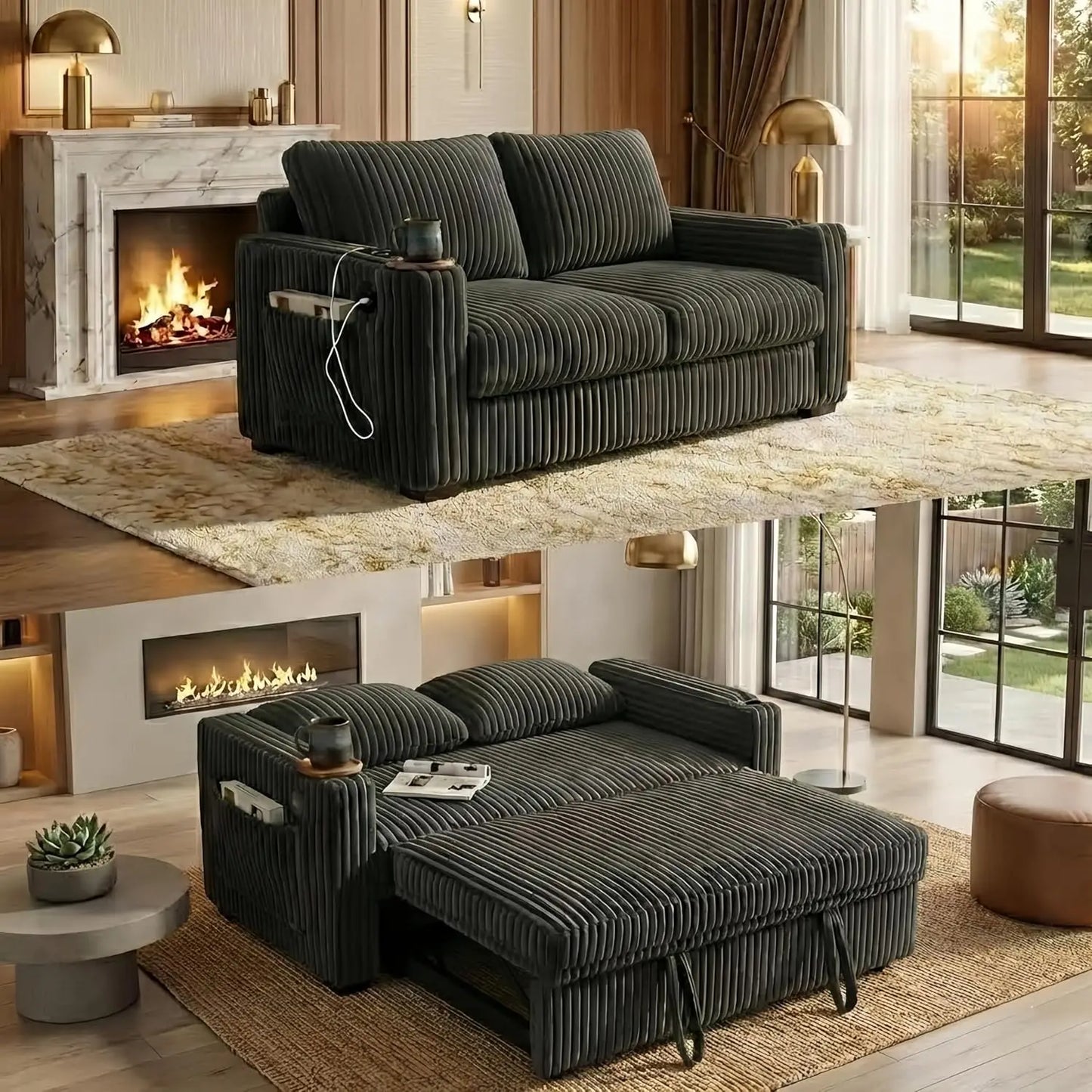 3 In 1 Convertible Corduroy Sleeper Sofa Bed