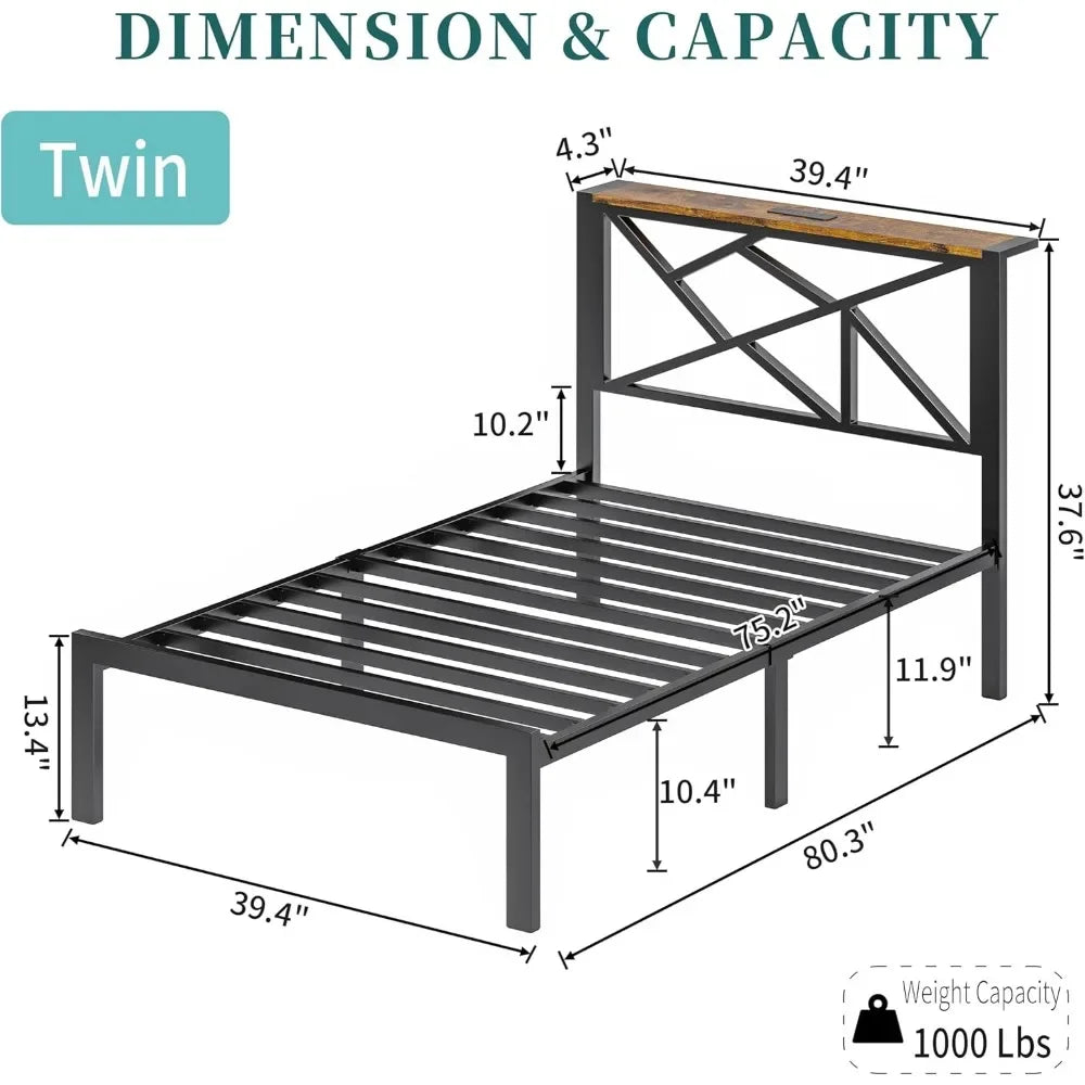 Metal Bed Frame With USB Charging Station And LED Lighting