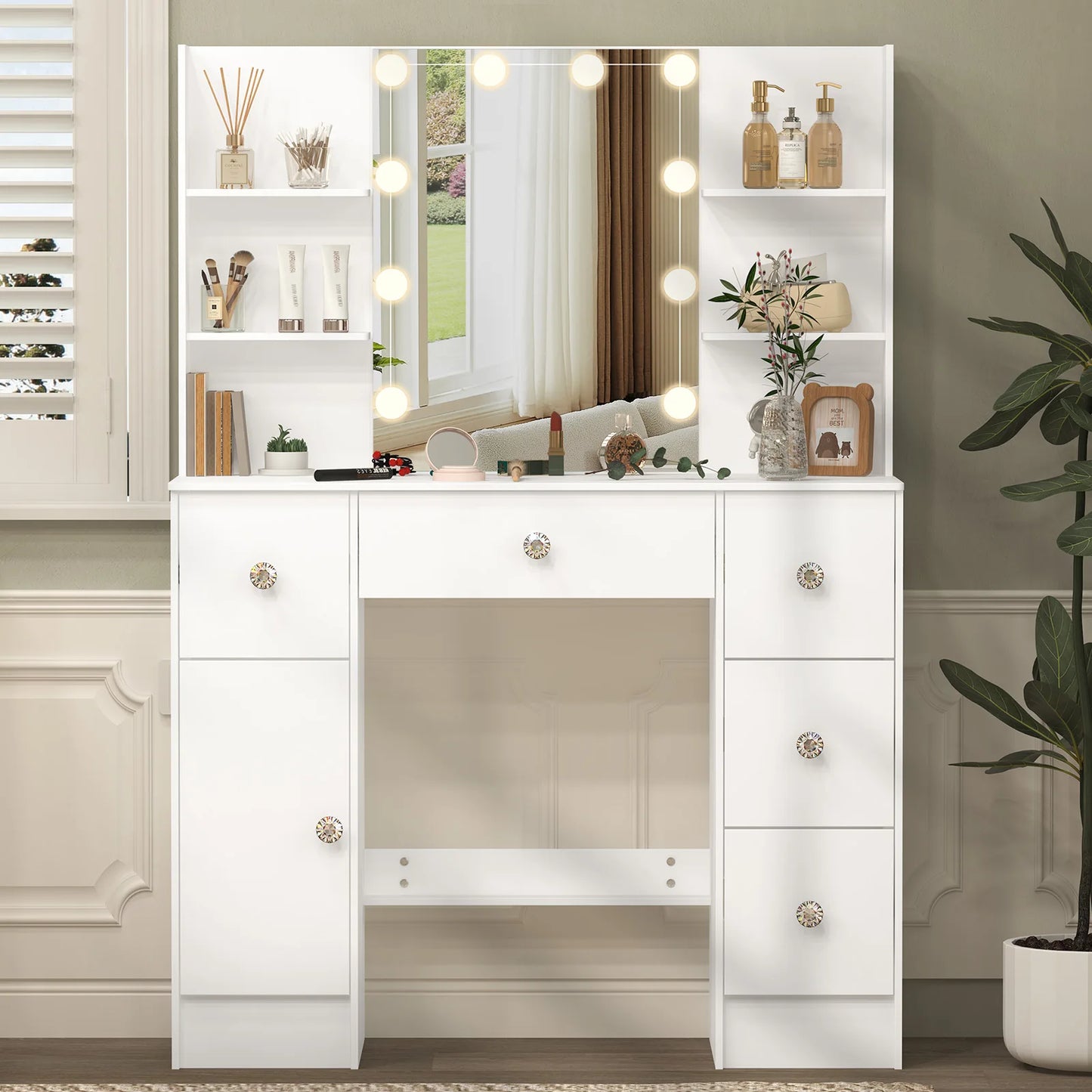 Large White Light Luxury Vanity Set, 3 Color Dimmable LED Mirror, 5 Drawers, Sturdy Frame Easy Assembly