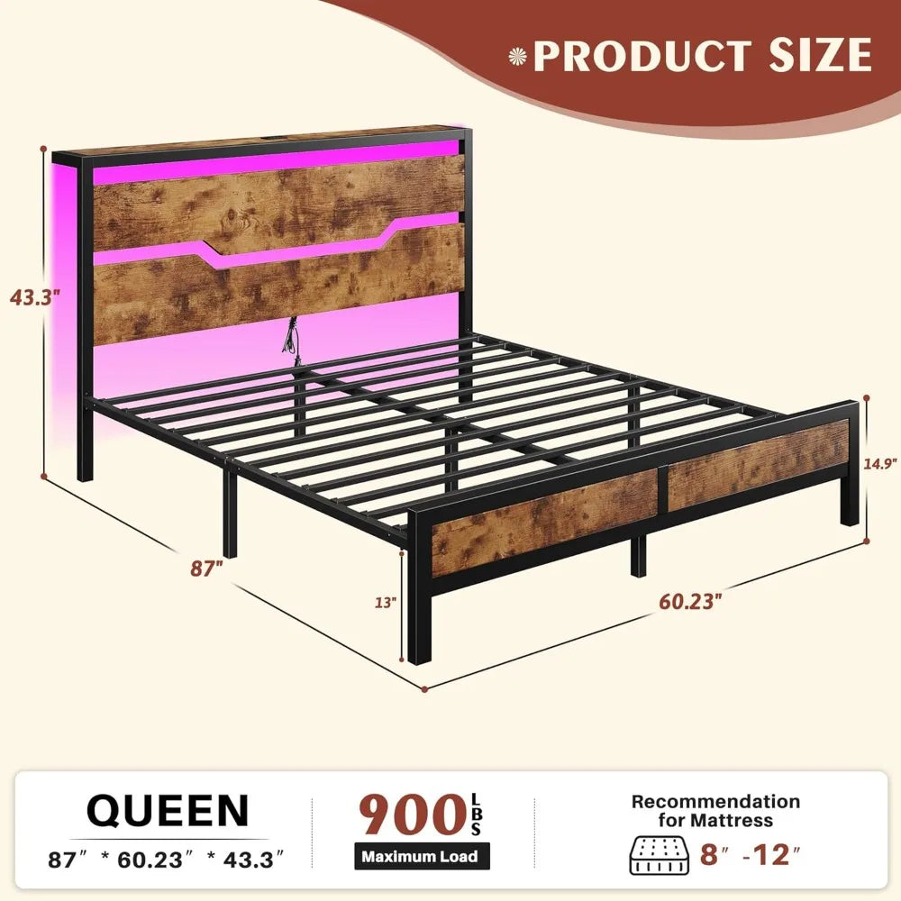 Bed Frame With Headboard, Storage, Led Lights And Charging Station