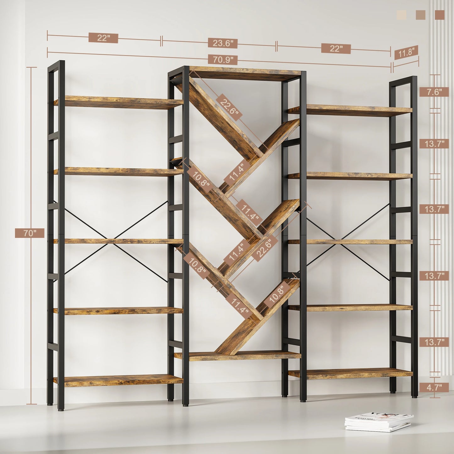 Triple 5 Tier Bookshelf, Large Wooden Bookcase with 17 Open Display Shelves, Modern Tree Book Shelf Metal Frame Tall Bookshelves