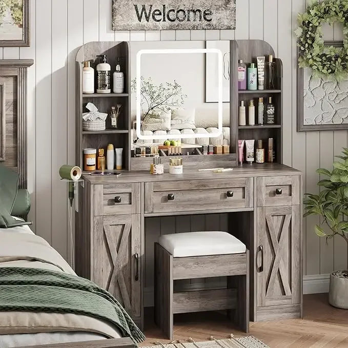 Makeup Vanity Desk With Mirror Lights And Chair Storage Drawers