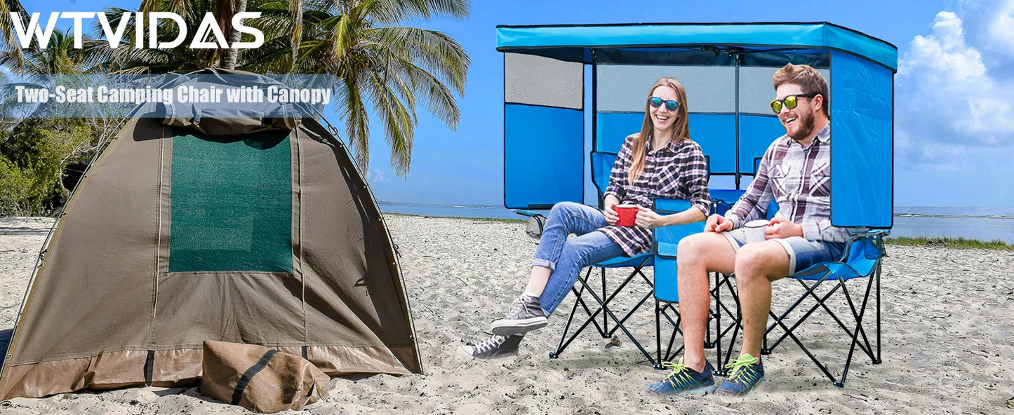 Double Beach Chair With Canopy Shade Folding Cup Holder Loveseat