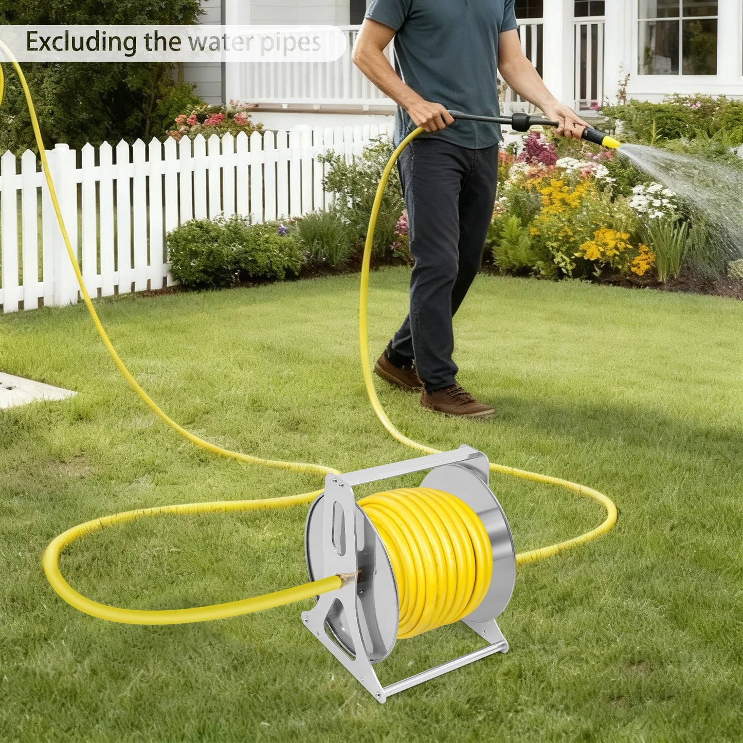 Heavy-Duty Water Hose Reel, Stable Garden Hose Storage Rack with Handle and Fittings for Home Garden, Yard, and Outdoor Cleaning