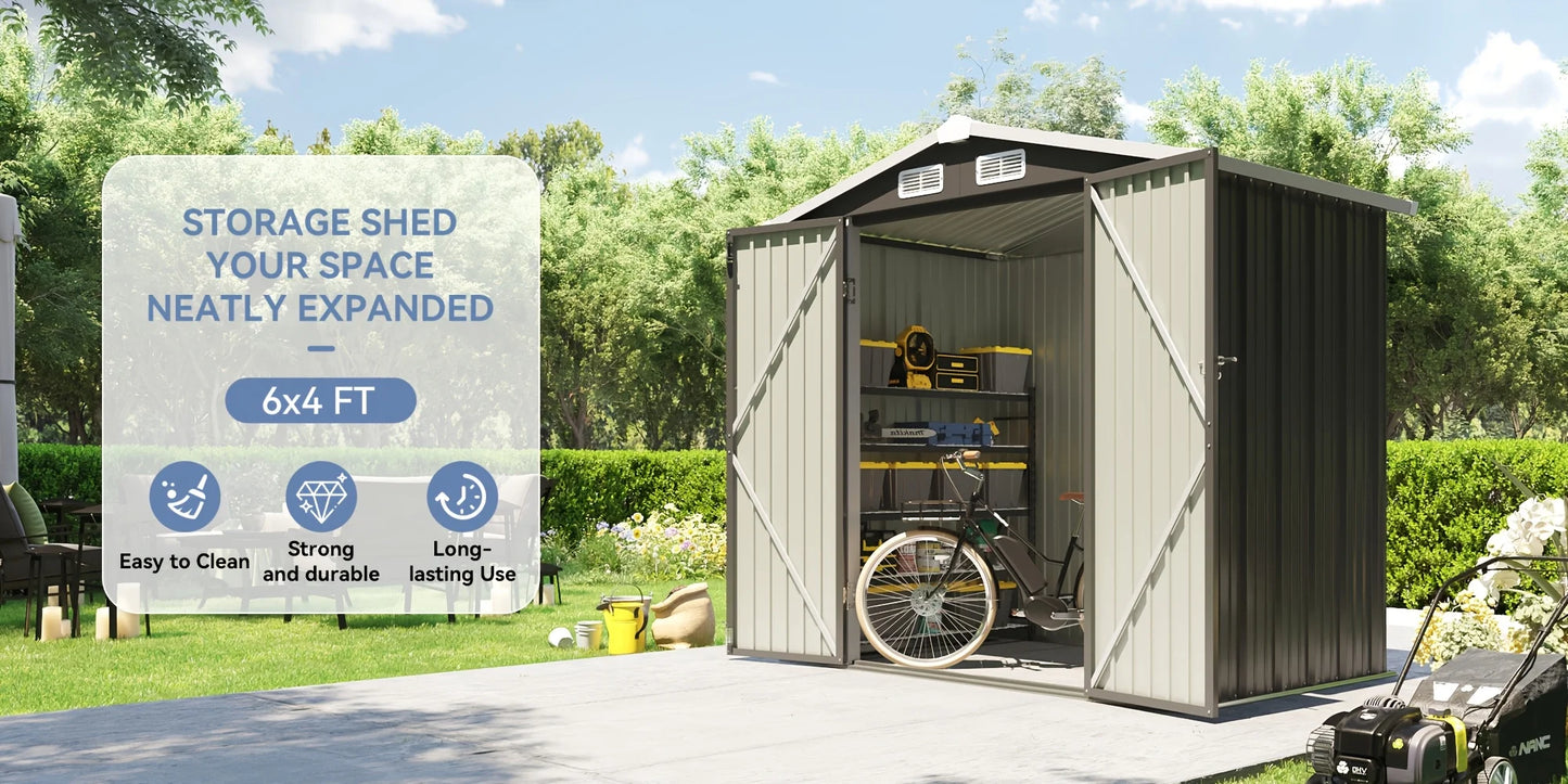 Stylish Gable Roof Metal Storage Shed – 6x4ft / 8x6ft / 10x8ft Options | Lockable Double Doors, Ventilation Panels & Rust-Resistant Coated Steel Construction | Ideal for Garden Tools, Patio Gear or Backyard Organization | E