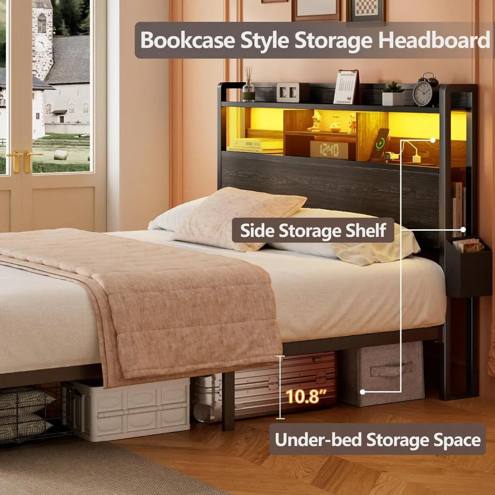 Bed Frame With Wood Headboard And Metal Platform With Drawers