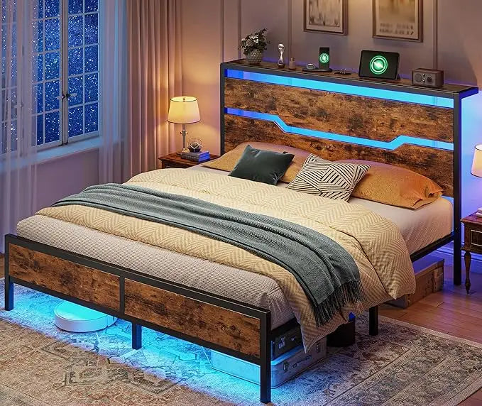 Platform Bed Frame With Headboard LED Lighting And Storage
