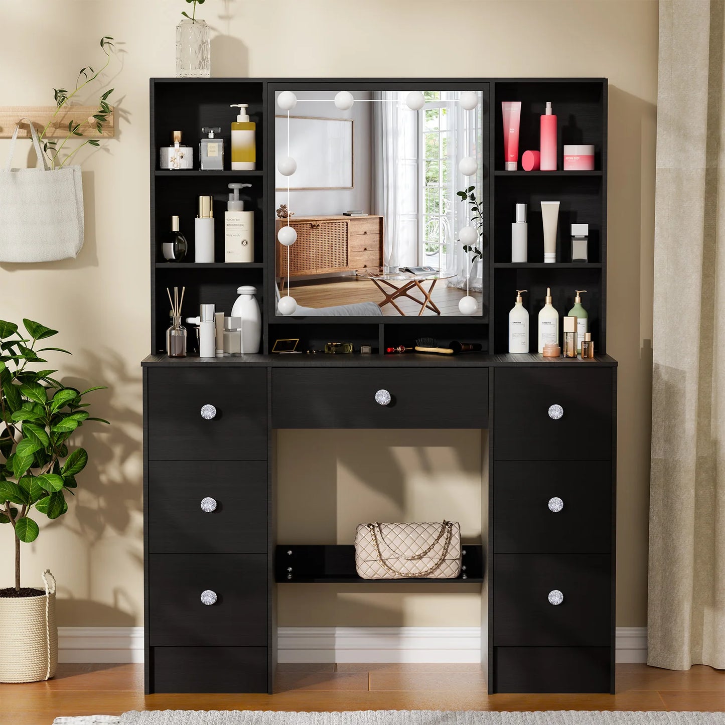 Large Light Luxury Vanity Set, 3 Color Dimmable LED Mirror, 5 Drawers Sturdy Frame Bedroom Easy Assembly