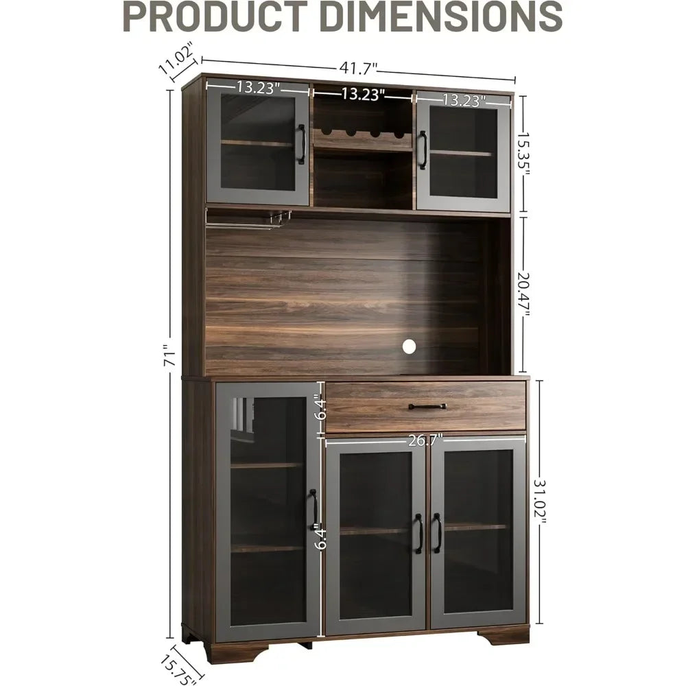 Tall Coffee Bar Cabinet With LED Lights And Charging Station