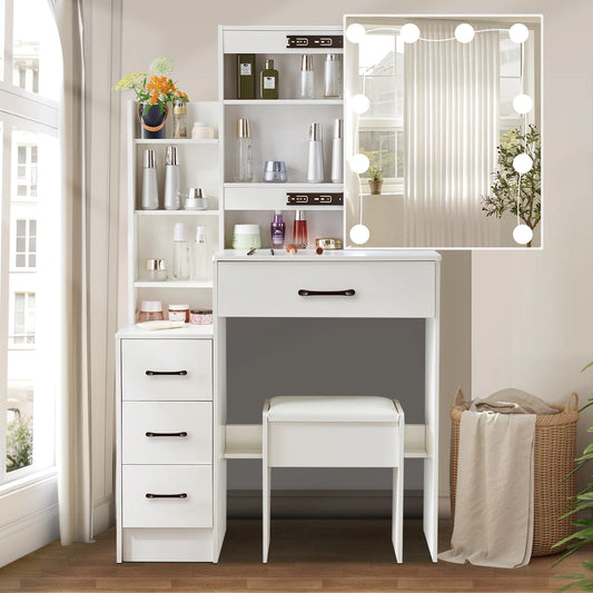 Modern White Dressing Table Stool Set with 3-Color Adjustable LED Light Mirror 4 Drawers For Bedroom Living Room Vanity Table