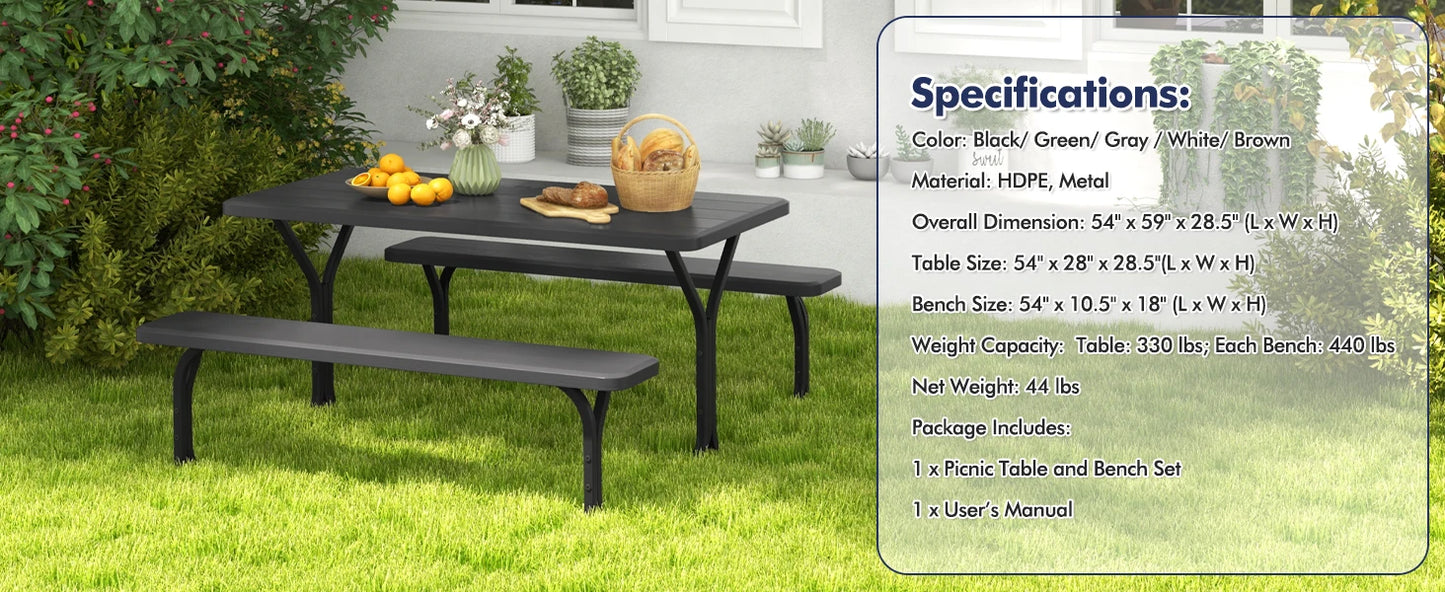 Picnic Table, Resin Dining Table & 2 Benches Set, Weather Resistant Wood Grain Tabletop & Steel Frame, Plastic Picnic Tables