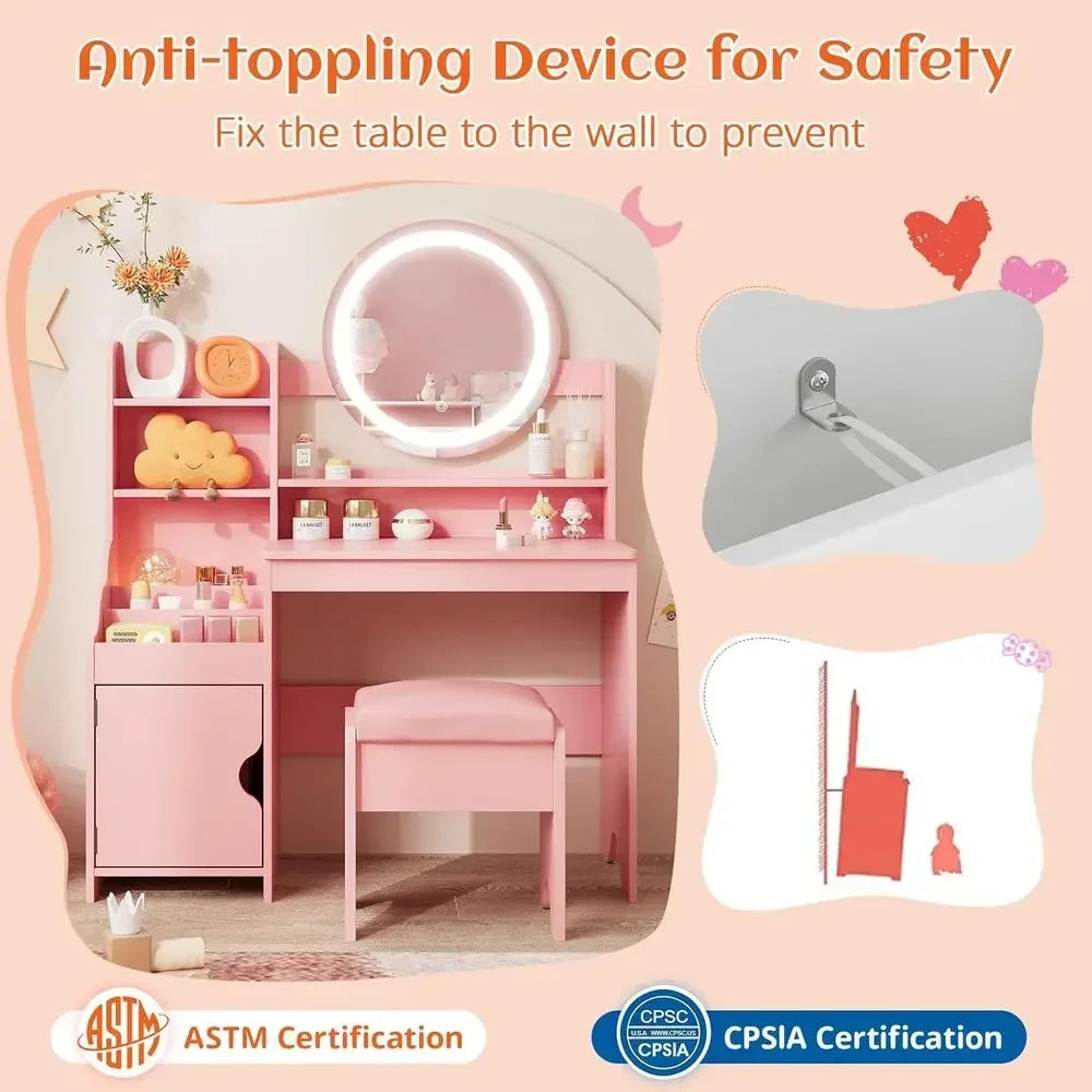 Children's Vanity Set with Lights, Makeup Desk, Storage Cabinet, Toddler Vanity Table and Chair, Pretend Play Vanity for Little